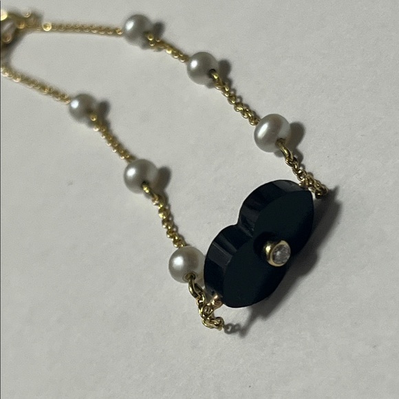 14K Gold + Black Onyx w/ double-sided Diamonds on stationed Pearl chain bracelet - Picture 2 of 14